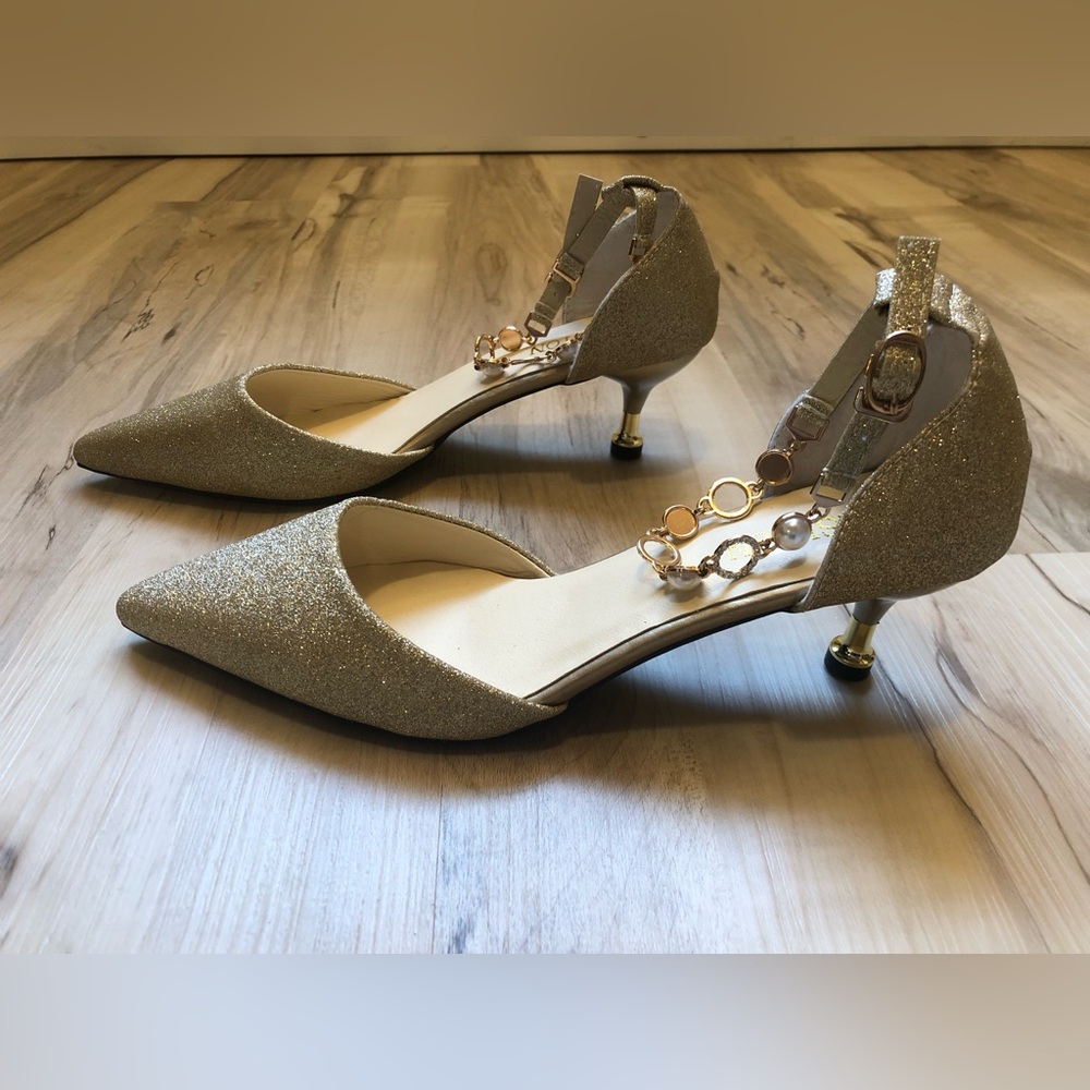 ✨$10 Clear Out ✨ Glitter Pointed-Toe Ankle-Strap Heels in Gold